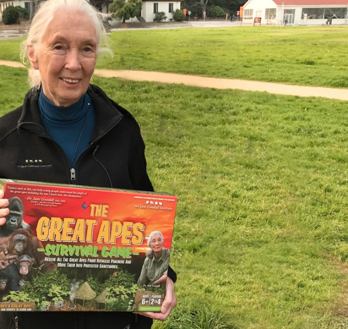 This is a photo of Dr. Jane Goodall holding the Great Apes Survival Game